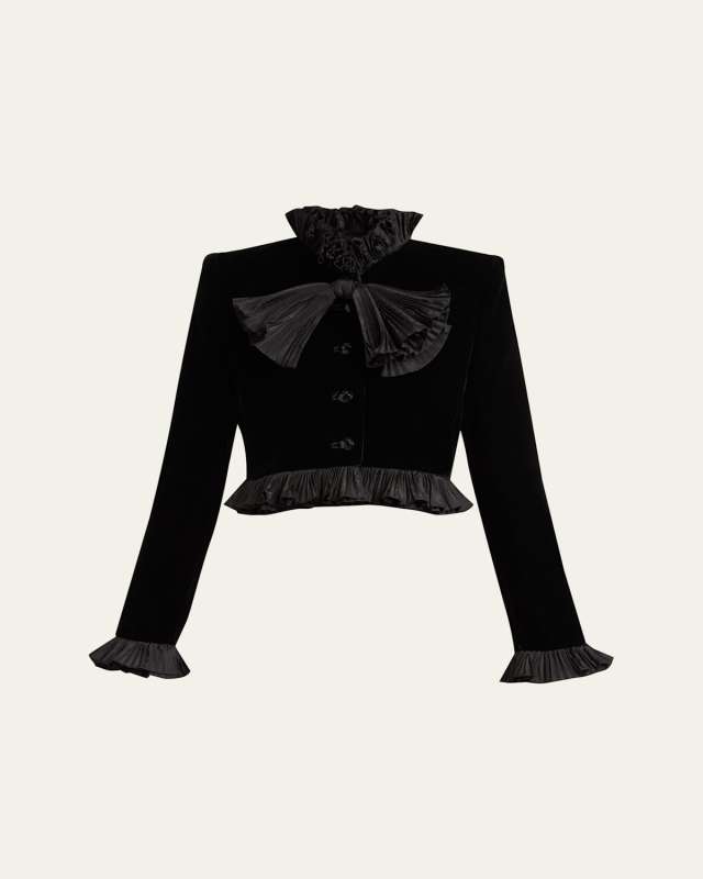 Pleated Ruffle Velvet Crop Jacket